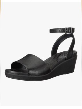 Crocs Women's Leighann Anklestrap Leather Wedge Sandal, Black Sz 8W Lightweight